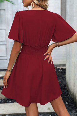 V Neck Smocked Waist Ruffle Sleeves Dress