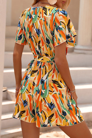 Fashion V Neck Printed Tie Waist Romper
