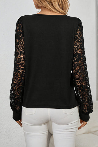 Lace Patchwork Solid Color V Neck Top