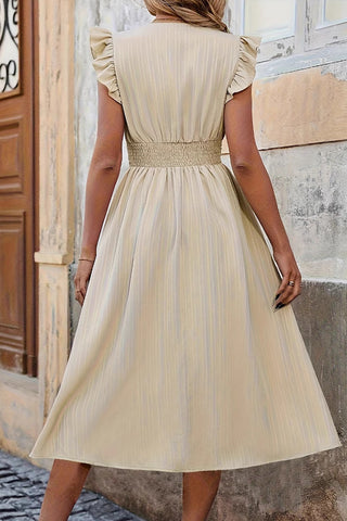 V Neck Solid Ruffle Sleeves Smocked Waist Dress