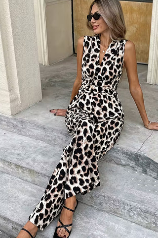 Leopard Print V Neck High Waisted Jumpsuit