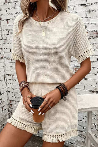 Solid Color Round Neck Tassel Two Piece Set