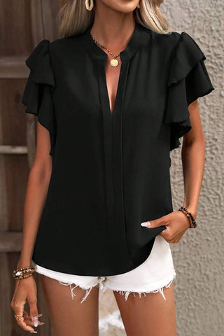 V Neck Double Layer Ruffle Sleeve Casual Shirt