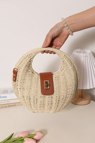 Color Block Gold Clasp Hollow Handle Weave Bag