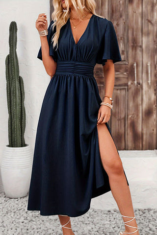 V Neck Solid Color Slit Design Dress