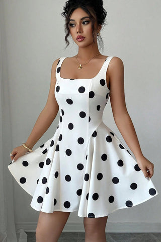 Dots Print Square Neck Cinched Waist Dress