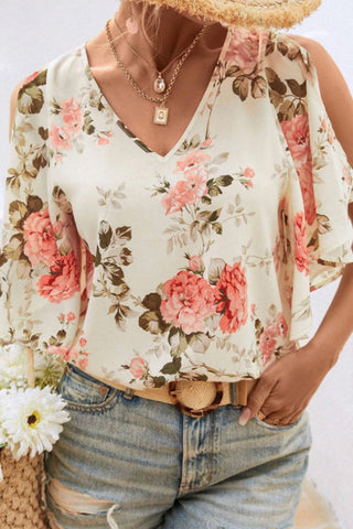 Floral Print Off-Shoulder V Neck Casual Top