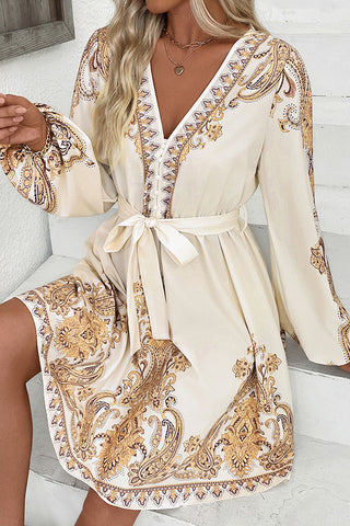 Retro Ethnic V Neck Paisley Print Dress