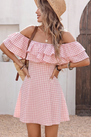 Off The Shoulder Plaid Print Ruffled Mini Dress