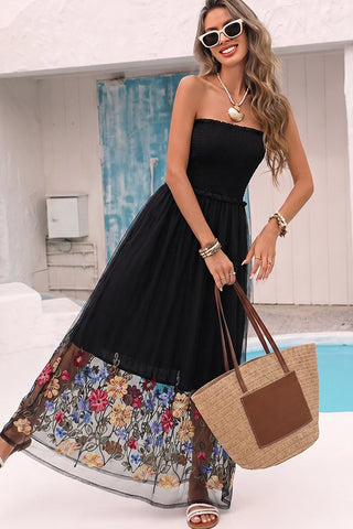 Smocked Bandeau Mesh Floral Embroidered Dress