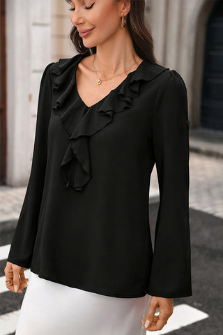 Solid V Neck Ruffles Loose Long Sleeve Top