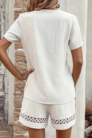 V Neck Solid Hollow Design Two Piece Set