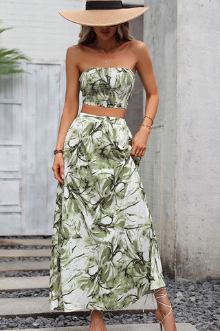Smocked Bandeau Floral Print Two Pieces Dress