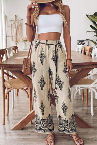 Ethnic Resort Style High Waisted Pants With Tie Belt