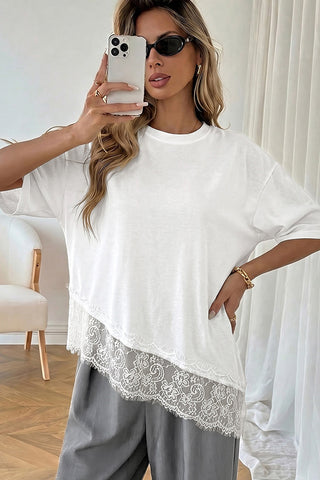 Lace Patchwork Solid Round Neck Casual Top