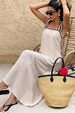 Resort Style Color Block Tie Shoulder Casual Dress