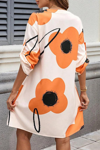 Fashion Color Block V Neck Button Dress