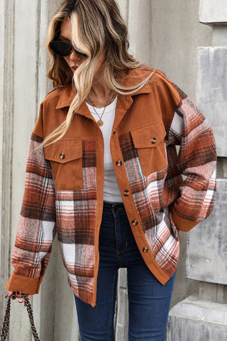 Plaid Lapel Long Sleeve Corduroy Tweed Coat