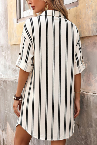 Stripe Print Lapel Button Shirt Dress
