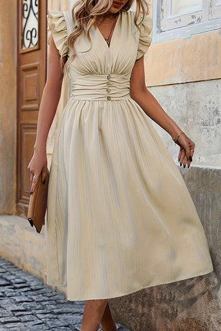 V Neck Solid Ruffle Sleeves Smocked Waist Dress