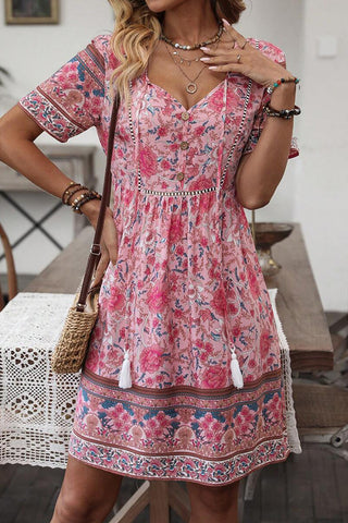 Bohemian Style Printed V Neck Tassel Mini Dress