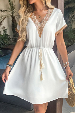 Lace Patchwork V Neck Tie Waist Dress