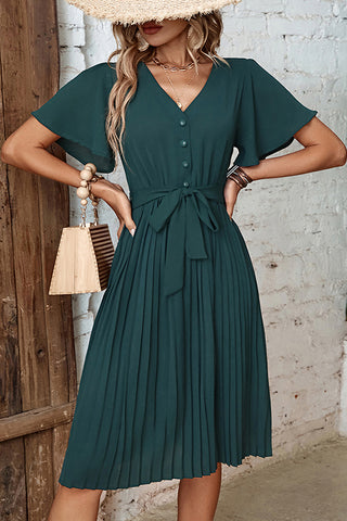 Solid Color V Neck Flare Sleeve Pleated Dress