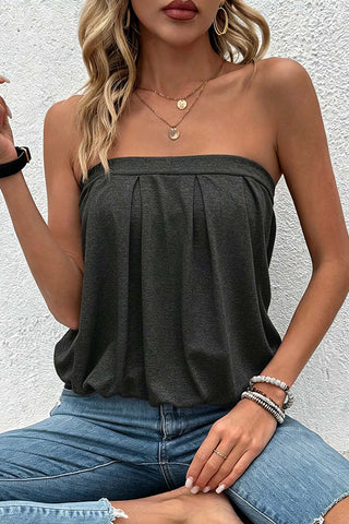 Fashionable Solid Bandeau Pleated Casual Top