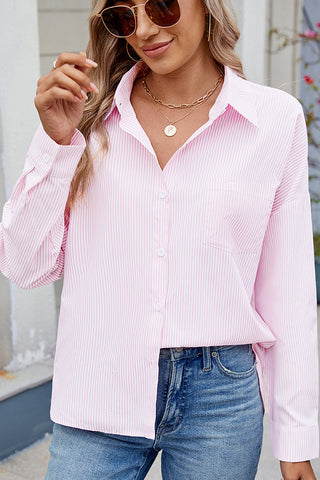 Stripe Print Lapel Button Long Sleeve Shirt