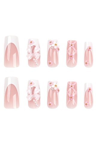 Lovely Pink Bow Flower False Nail Tips