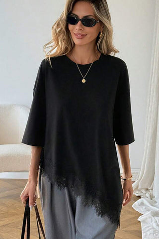 Lace Patchwork Asymmetrical Hem Casual Tops