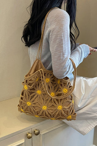 Color Block Flower Design Hollow Weave Bag