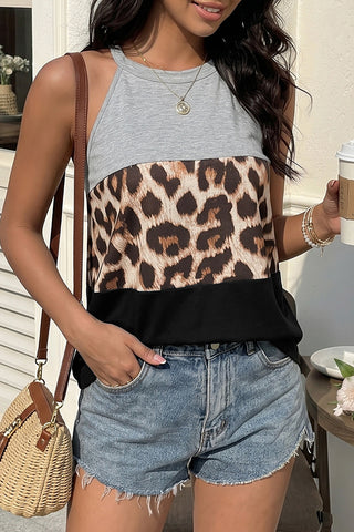 Retro Leopard Print Color Block Casual Top