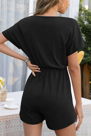 Solid Color Round Neck Drawstring Waist Romper