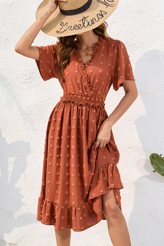 Solid Color V Neck Frill Smocked Waist Dress