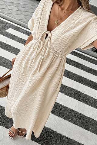 Deep V Neck Tie Front Solid Color Dress