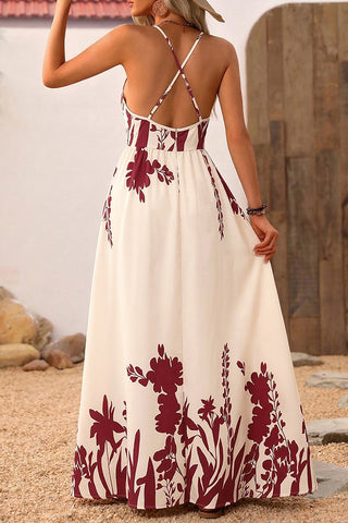 Deep V Neck Printed Back Cross Maxi Dress