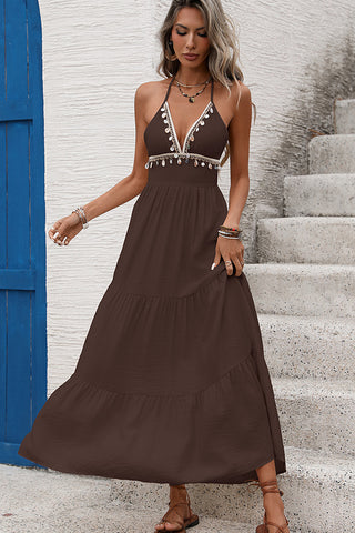 Color Block Shell Decoration Halter Neck Dress