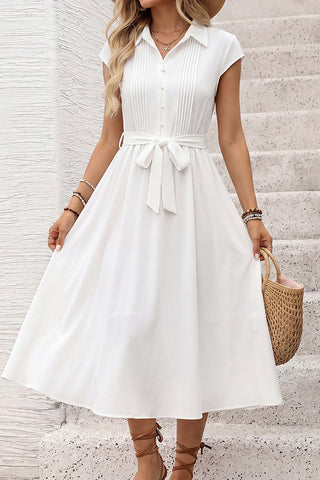 Solid Color Lapel Tie Waist Casual Dress