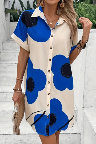 Fashion Color Block Lapel Button Shirt Dress