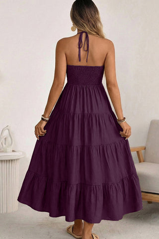 V Neck Smocked Back Halter Neck Maxi Dress
