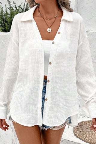 Solid V Neck Lapel Button Casual Shirt