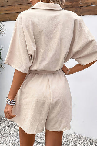 Solid Color Lapel Tie Waist Casual Romper