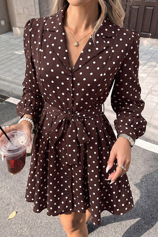 Polka Dot Print Lapel Tie Waist Mini Dress