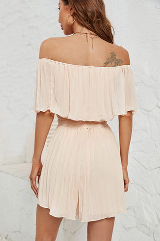 Off The Shoulder Solid Tie Waist Pleated Romper