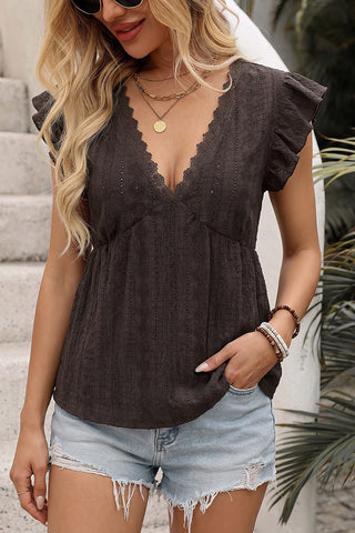 Lace Patchwork V Neck Ruffle Sleeves Tops