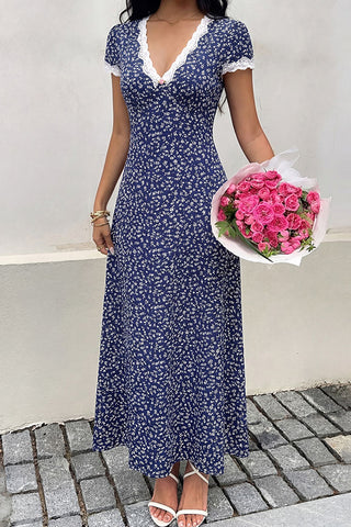 Lace Patchwork V Neck Floral Print Dress
