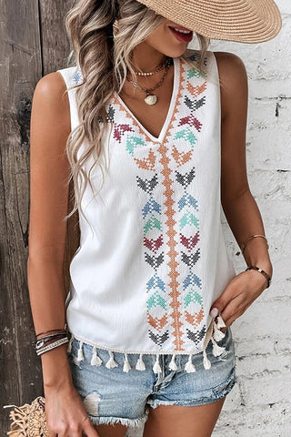 Fashion Printed V Neck Tassel Casual Top