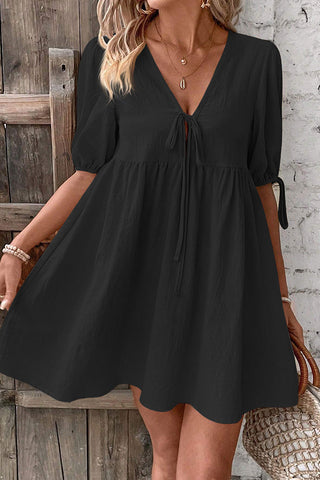 V Neck Tie Front Solid Casual Mini Dress