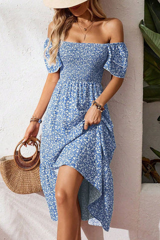 Floral Print Square Neck Smocked Dress
